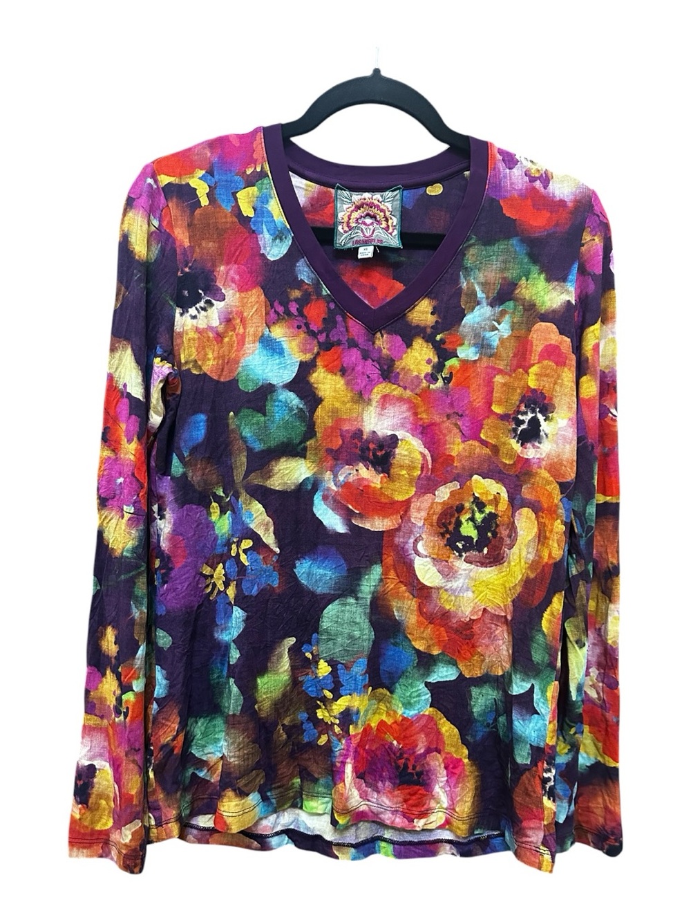Johnny Was Purple Multi Floral V-Neck Long Sleeve Tee - Picture 2 of 7